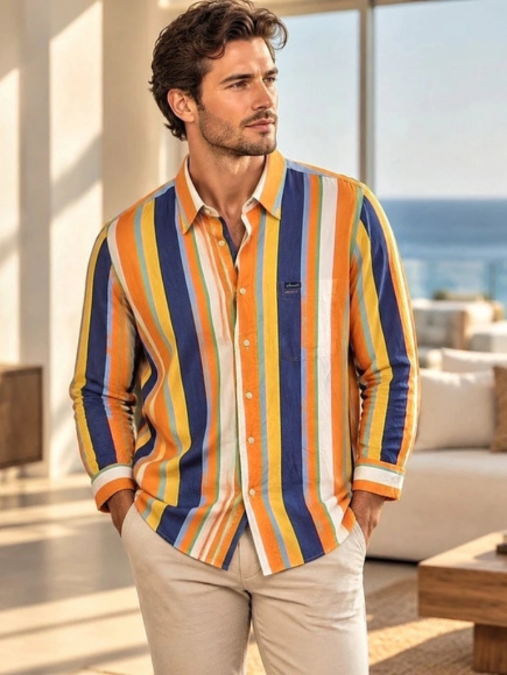 Raconcable Men's Striped Button Down in Orange & Blue Size Medium Like